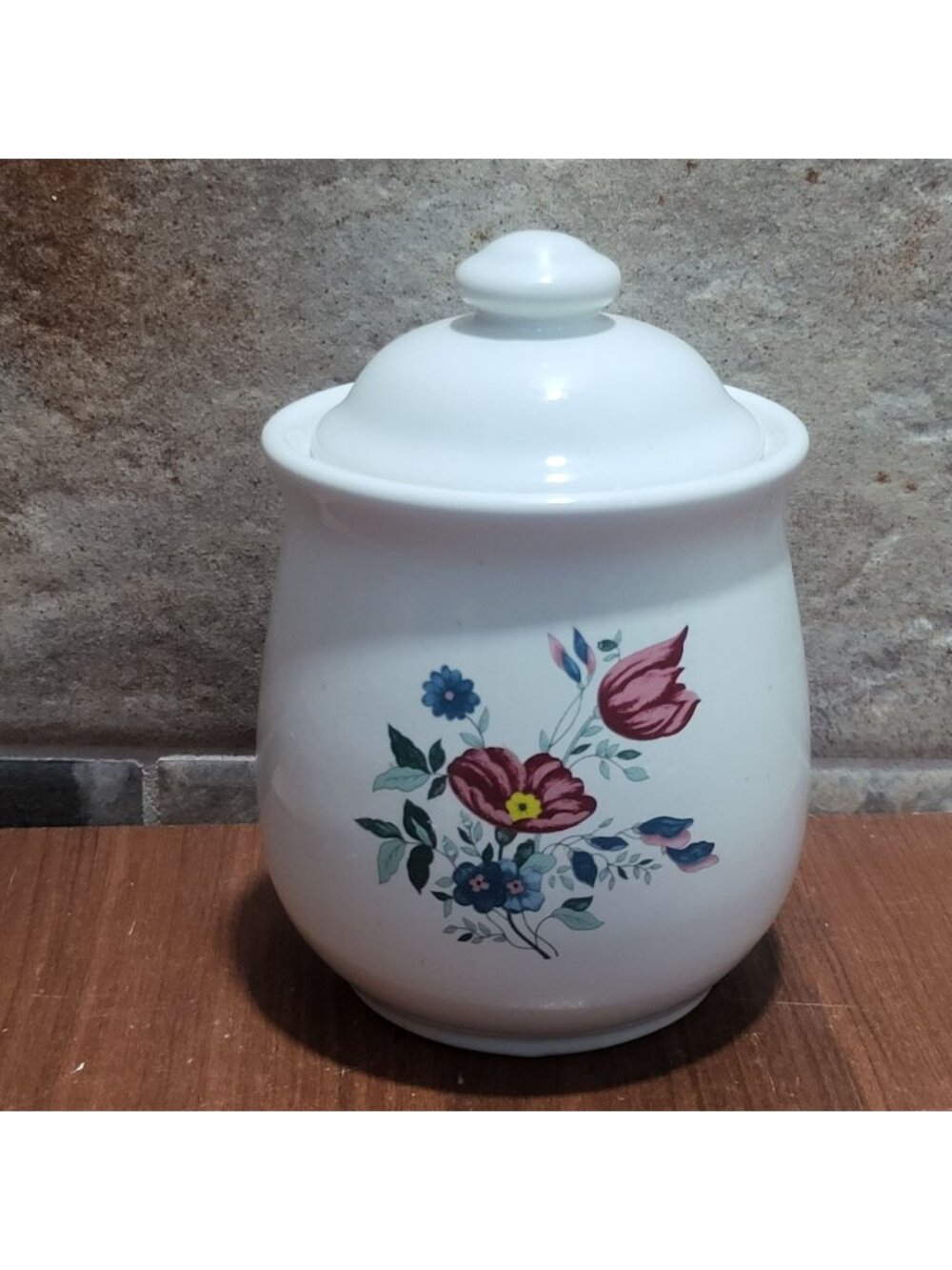 VTG XS White Ceramic Porcelain Kitchen Canister Floral Red Blue Flowers